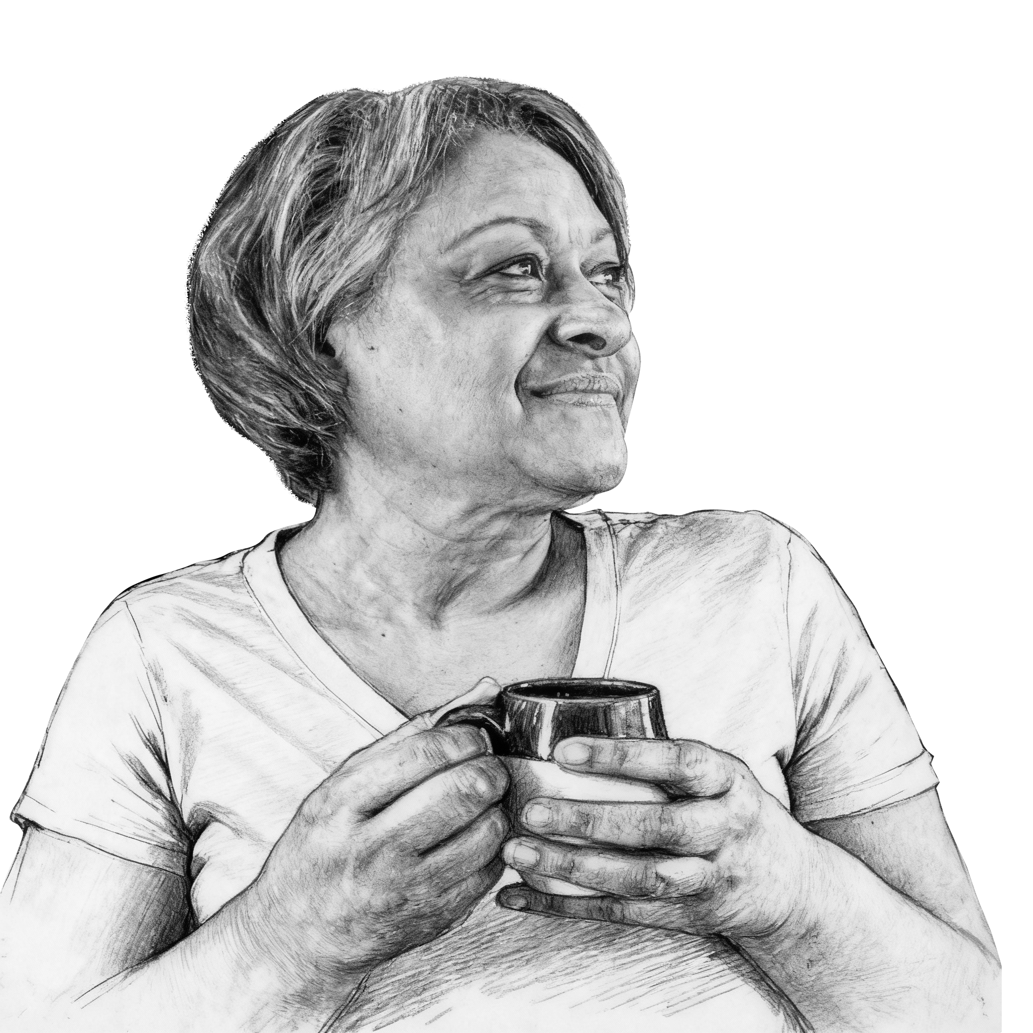 older woman holding a mug and looking on